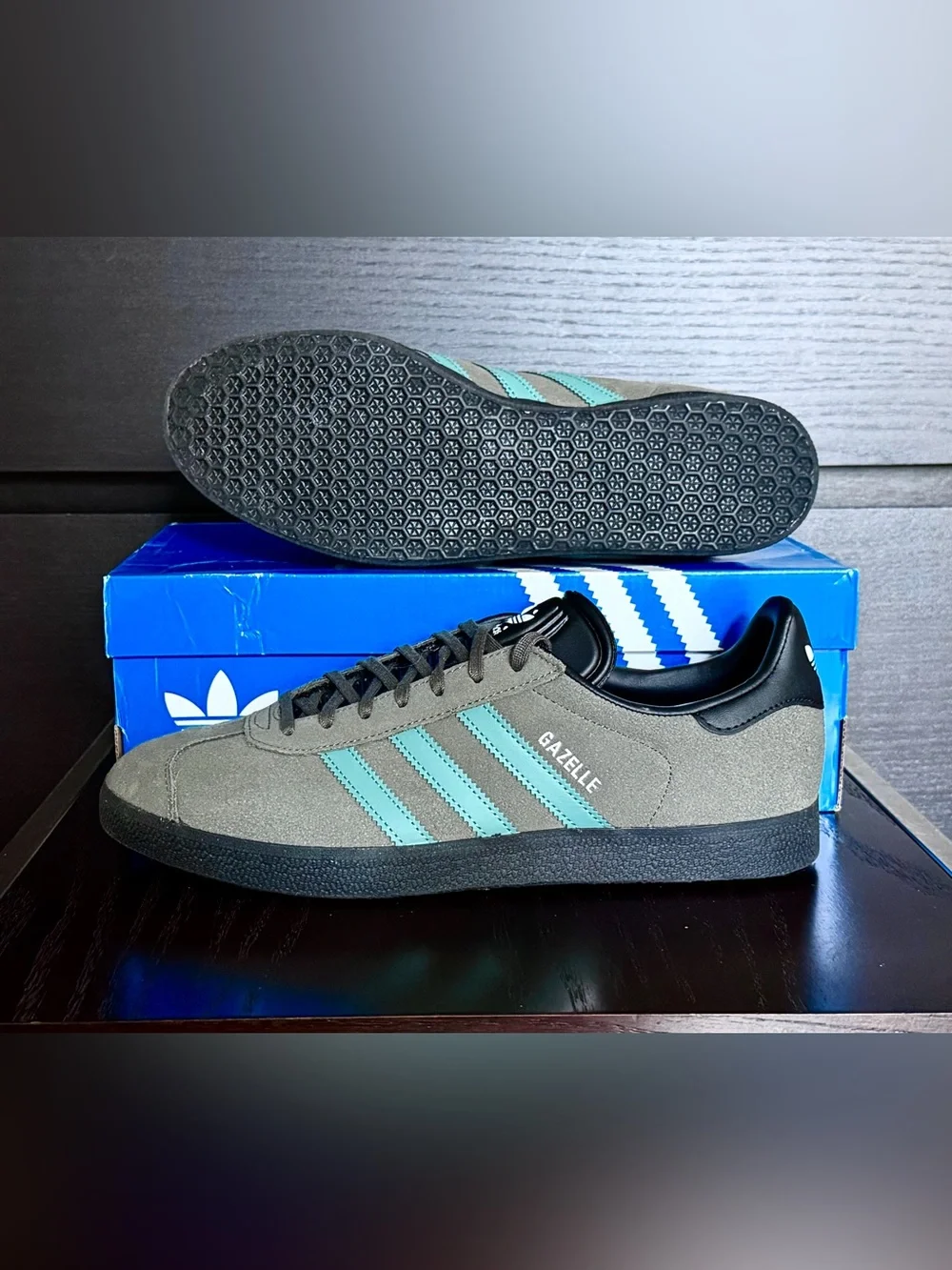 Adidas Gazelle Suede Sneakers in Grey with Mint Accents